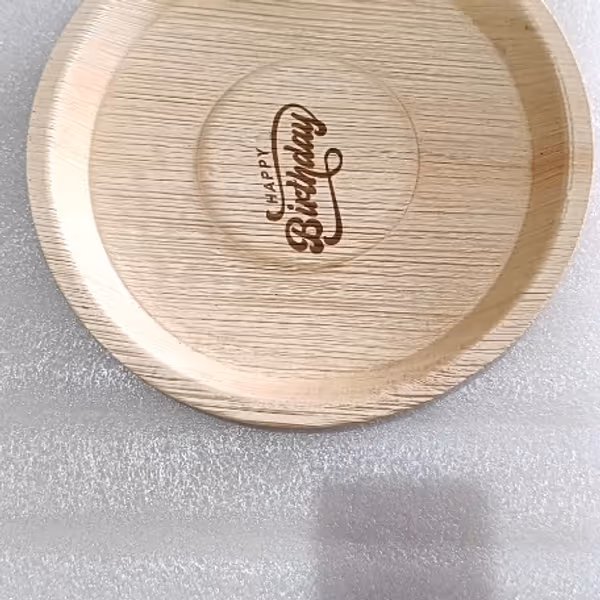 Laser Engraved Round Areca Plate with custom birthday branding logo